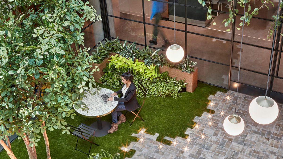 view of employee in nature focused multi-sensory office design