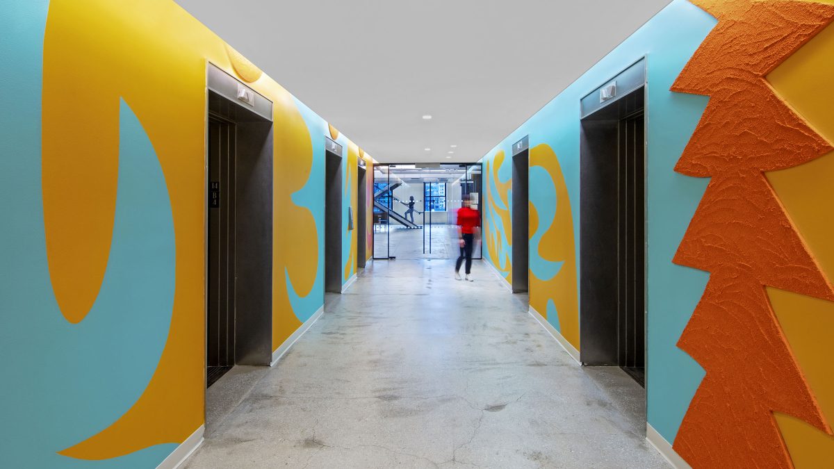 A colourful, branded employee experience featuring a vibrant corridor at the LinkedIn office.