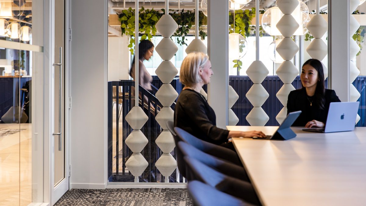 Boardroom interior design featuring pleasant natural light, ergonomic chairs and calming colour palette.