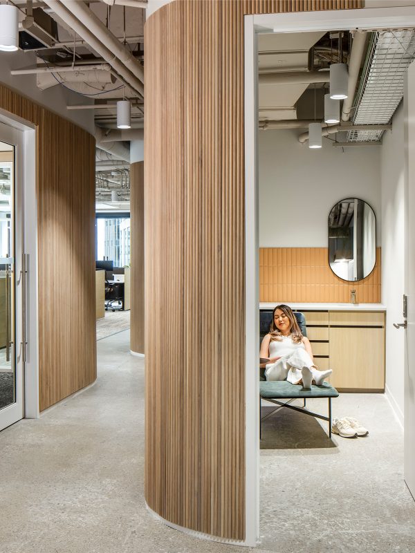 Wellness spaces in the workplace to promote employee wellbeing throughout the workday. 