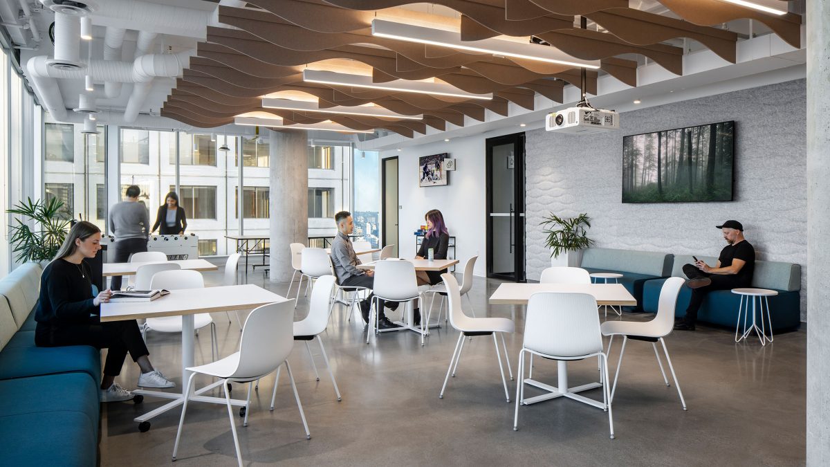 Corporate office design in Vancouver featuring a large social and work area with ergonomic furniture, acoustic panelling for sound absorption and various types of seating to support the workday.