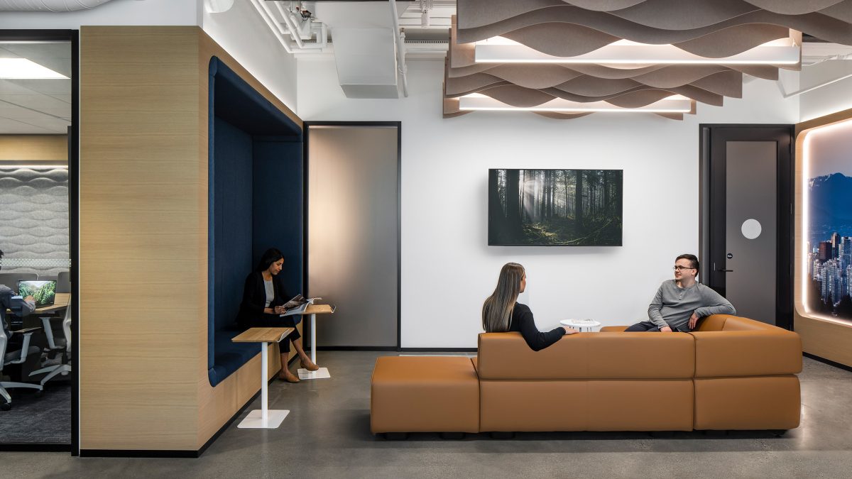 An office in Vancouver featuring local, nature-infused elements like warming woods, earth tones and organic artwork.