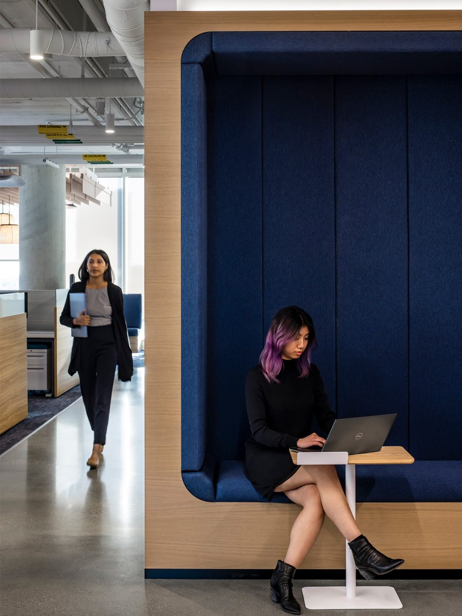 M Moser incorporated various work settings into this workplace design, including private booth seating and phone rooms.