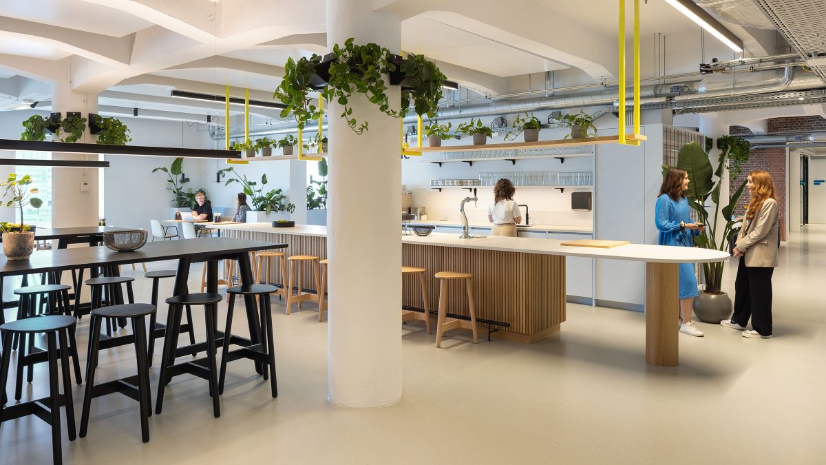 Wide view of office communal dining space.