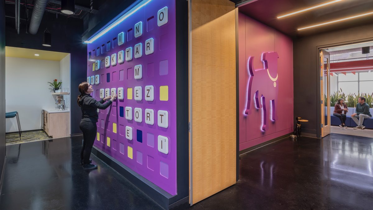 Flexible workplace design and a branded experience for Zynga featuring interactive design elements on each floor alongside alternative work points for employees.