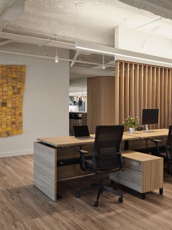 Individual work setting featuring ergonomic furniture, natural wood desks, artwork and calm lighting for a comfortable workday.