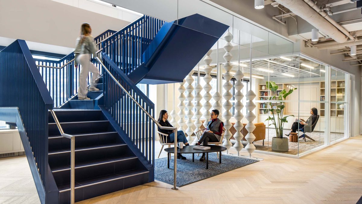M Moser’s completed project for Tiplait in Vancouver featuring a welcoming workplace atmosphere, employee seating lounge and customised artwork.