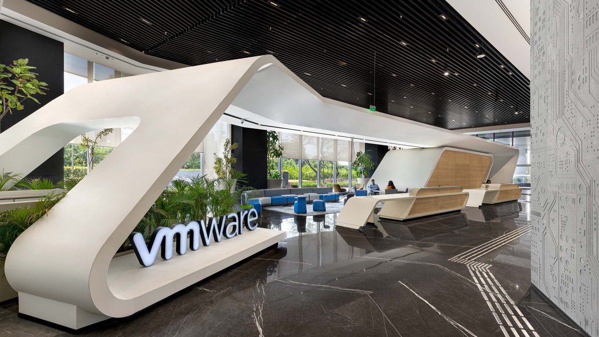 M Moser’s completed project for VMware in Bangalore featuring architectural interventions, the company’s logo and biophilic design.