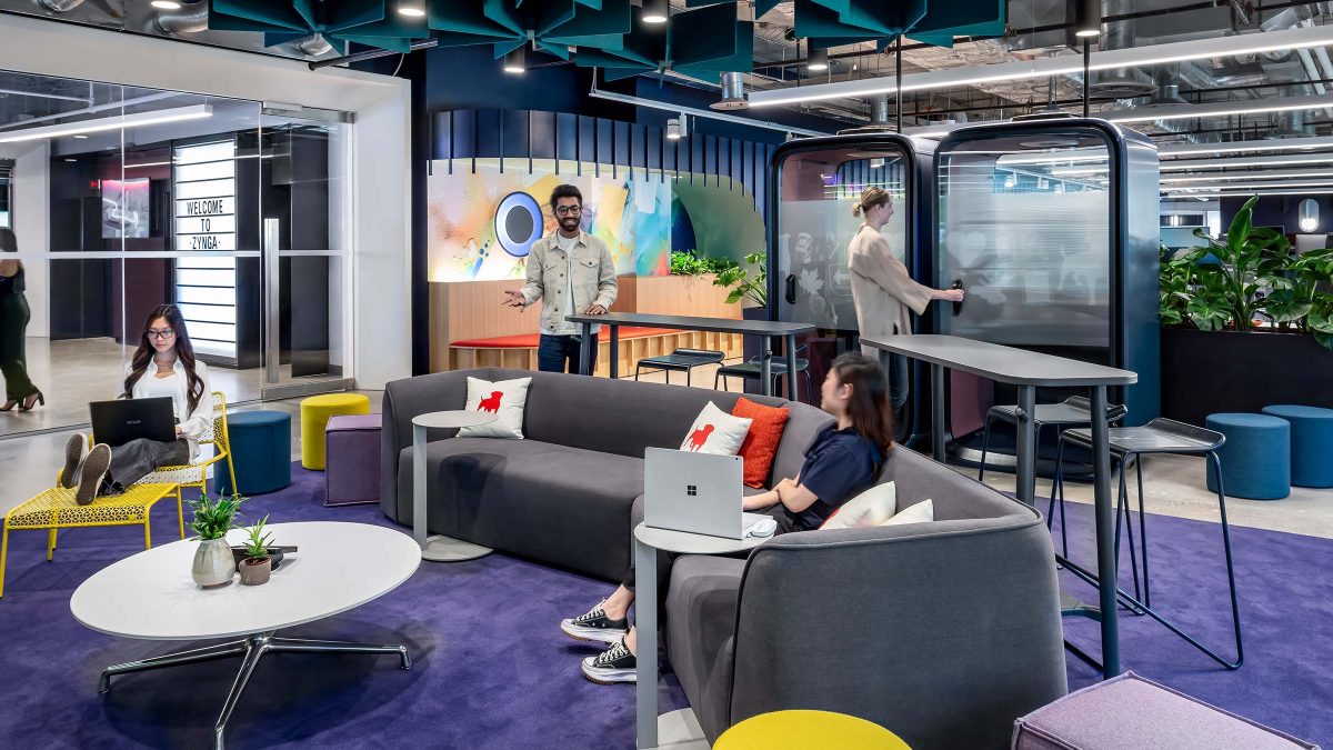 M Moser’s completed project for Zynga in Toronto featuring a modular workplace design to support mixed working styles as well as hybrid and remote work.