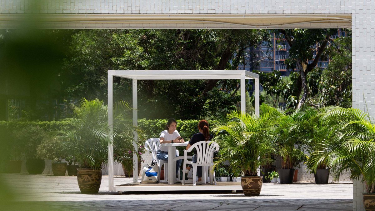 students sitting outside in green