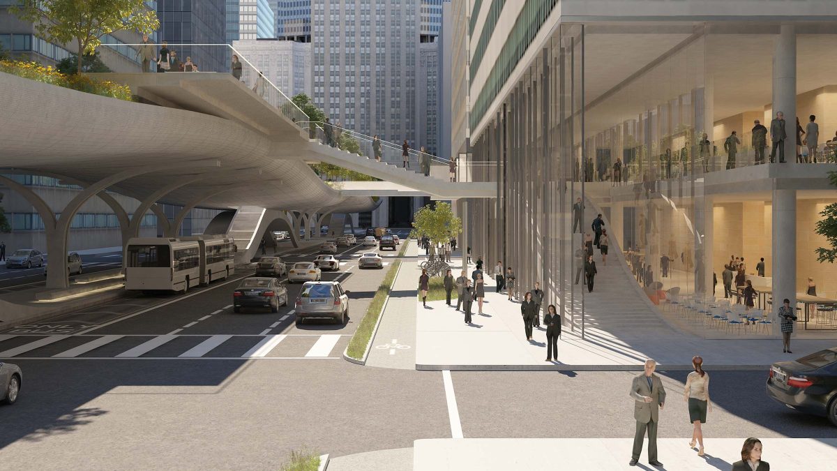 Public green space above street level featuring pedestrians, shops and large-scale architecture.