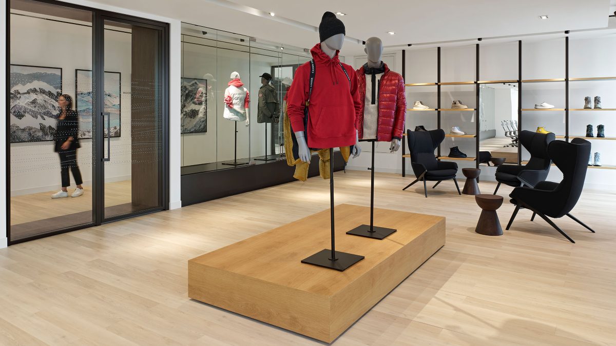Product showroom design by M Moser for Canada Goose featuring installations and product showcases.