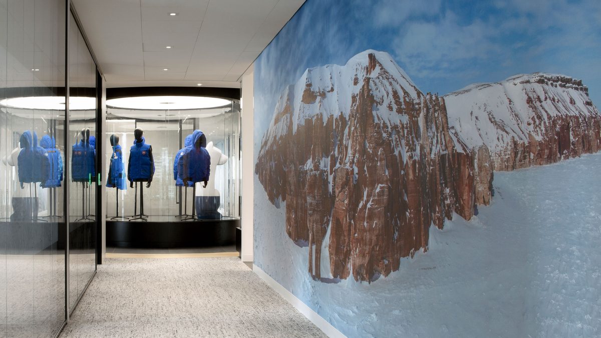 Brand experience by M Moser for Canada Goose’s Toronto headquarters featuring arctic landscape image and project showcases.