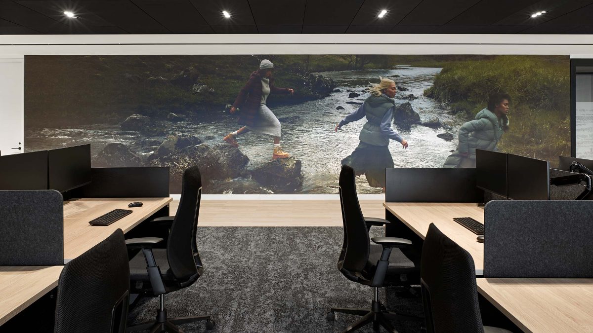 Office interior design featuring heads-down work areas for Canada Goose employees in Toronto.