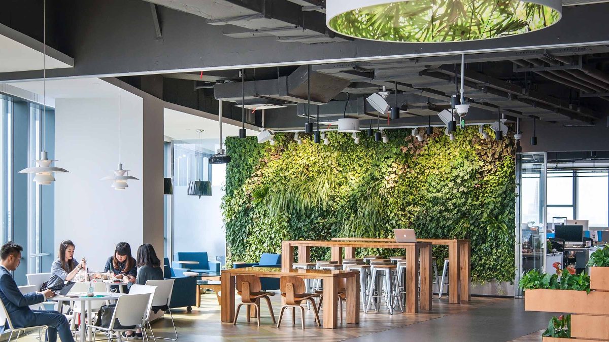 Working towards ESG commitments through biophilic office design by M Moser featuring living walls and infusion of natural wood furniture.