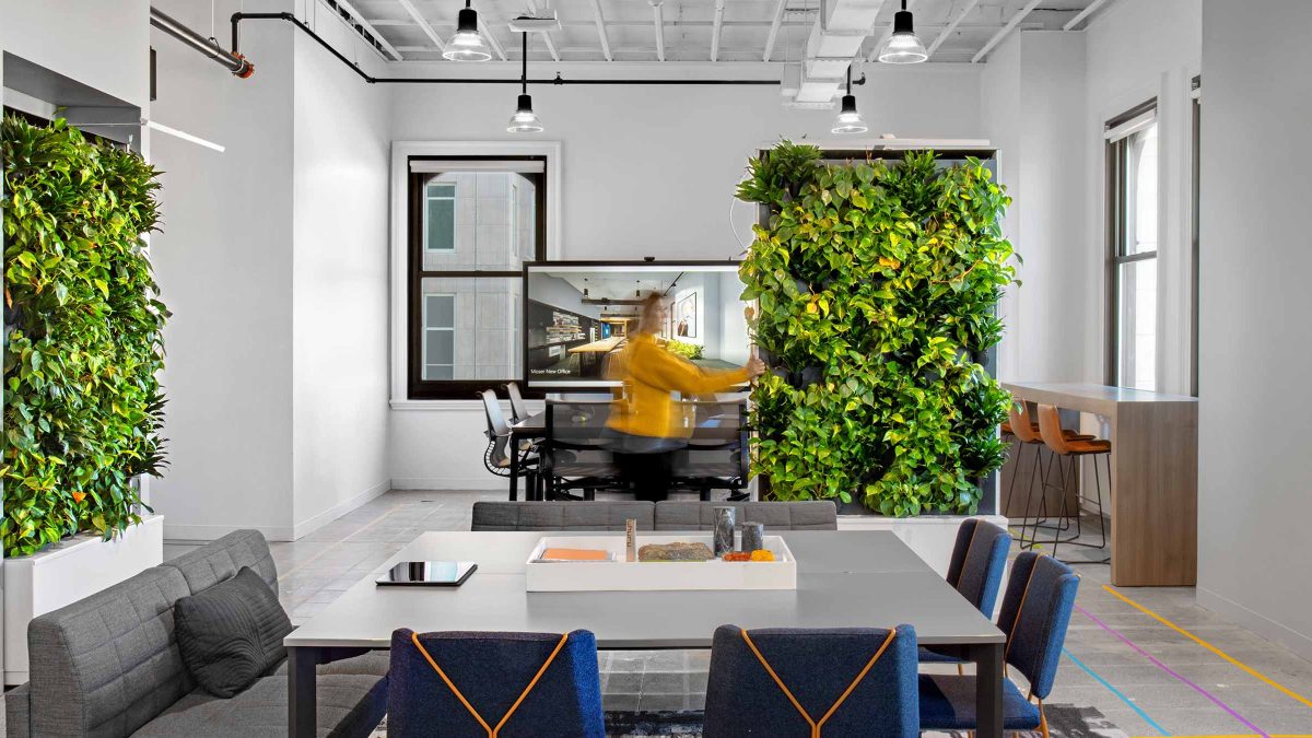 M Moser’s New York City office location features greenery and modular furniture.