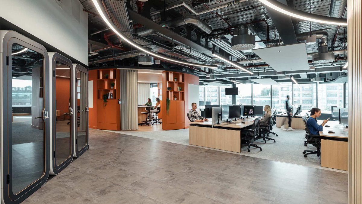 View of open plan in office design in London for HRT