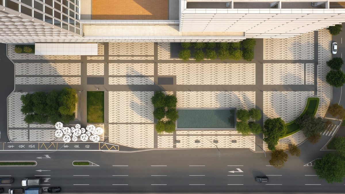 Community spaces and bus stops in JE Furniture's HQ